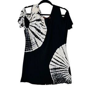 Belldini Black & White Tie Dye Cold Shoulder Women’s Sz M Boho Stretch Tunic